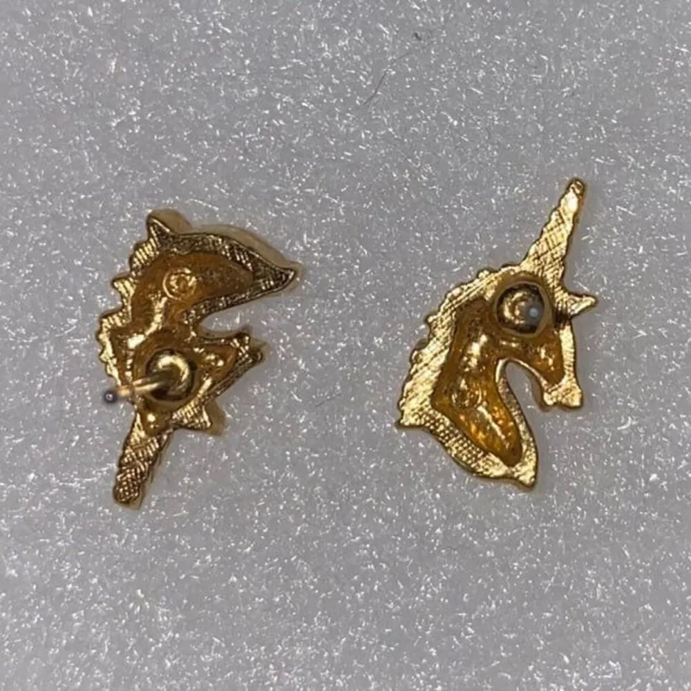 1985 AVON Unicorn Earrings - Gold Tone Unicorn Stud Earrings